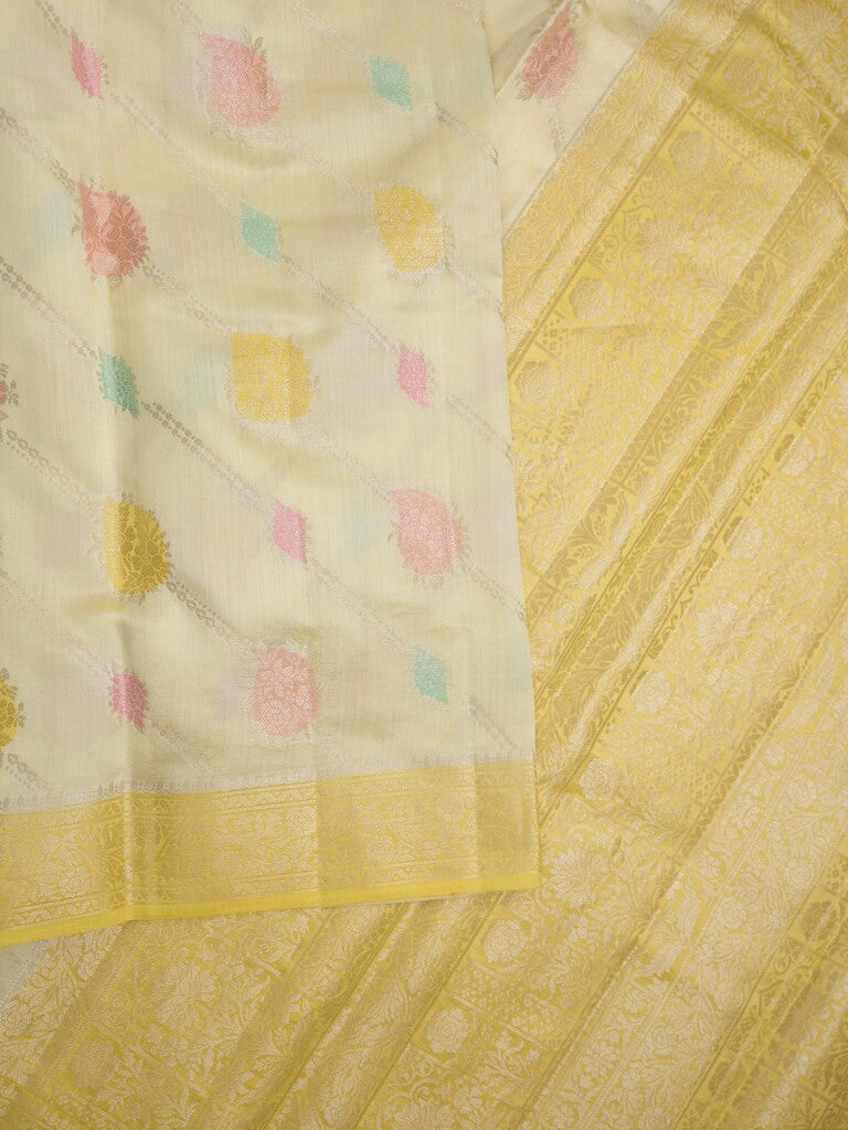 Raw mango pattu saree cream color allover zari weaves & zari border with rich pallu and attached plain blouse