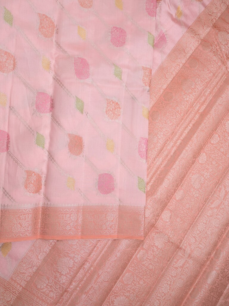 Raw mango pattu saree light peach color allover zari weaves & zari border with rich pallu and attached plain blouse