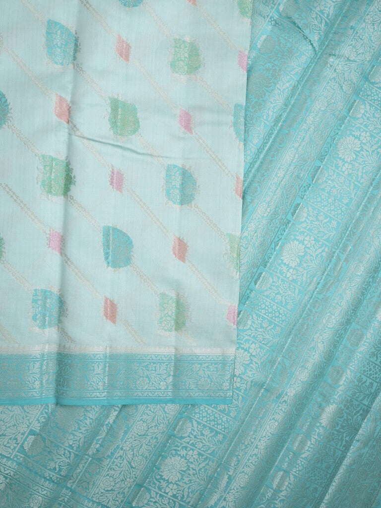 Raw mango pattu saree light blue color allover zari weaves & zari border with rich pallu and attached plain blouse