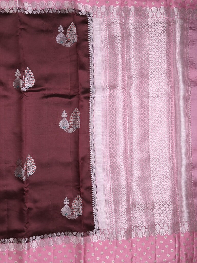 Chiniya pattu saree brown color allover zari weaves & zari border with brocade pallu and attached contrast blouse