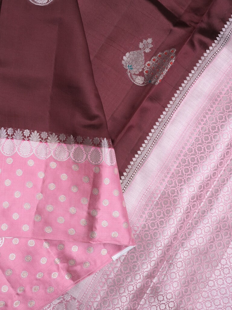 Chiniya pattu saree brown color allover zari weaves & zari border with brocade pallu and attached contrast blouse