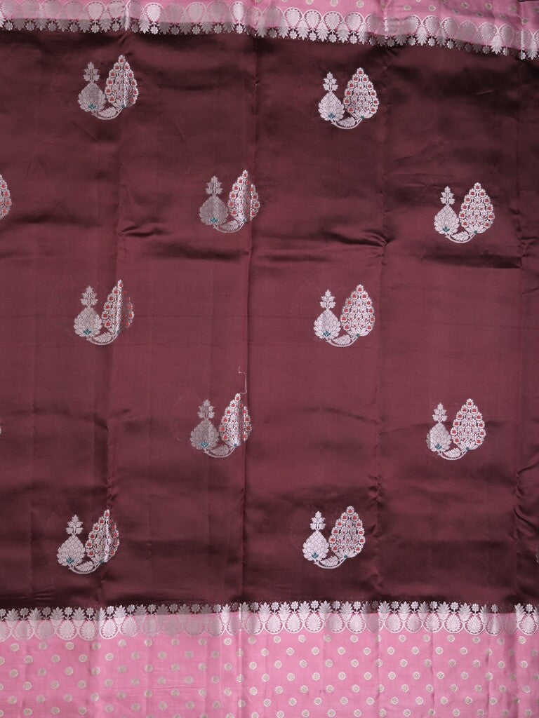 Chiniya pattu saree brown color allover zari weaves & zari border with brocade pallu and attached contrast blouse