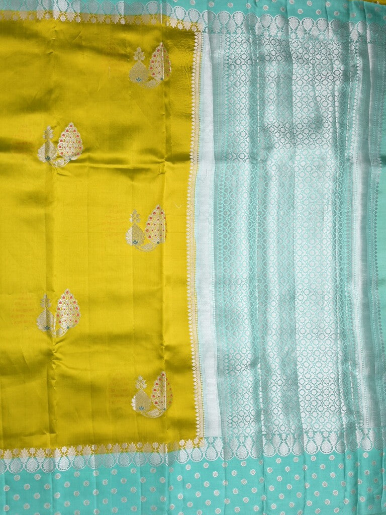 Chiniya pattu saree lime green color allover zari weaves & zari border with brocade pallu and attached contrast blouse