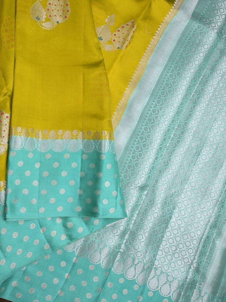 Chiniya pattu saree lime green color allover zari weaves & zari border with brocade pallu and attached contrast blouse