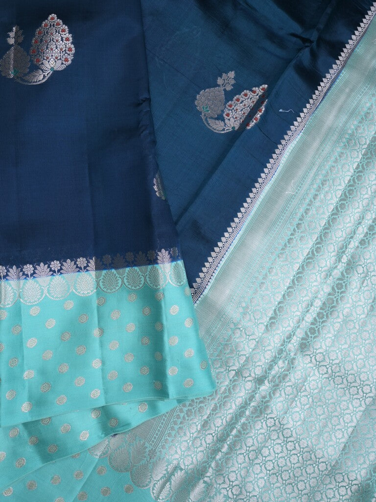 Chiniya pattu saree navy blue color allover zari weaves & zari border with brocade pallu and attached contrast blouse