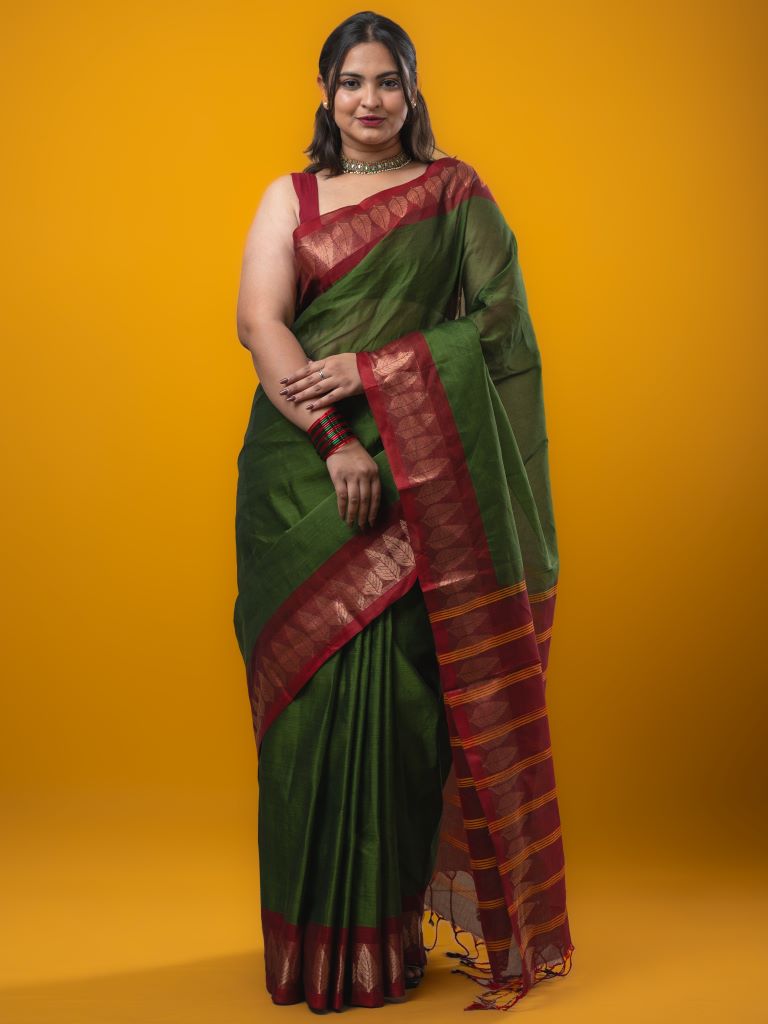 Dhaka cotton saree olive green color allover plain & zari border with contrast plain pallu and plain blouse