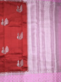 Chiniya pattu saree red color allover zari weaves & zari border with brocade pallu and attached contrast blouse