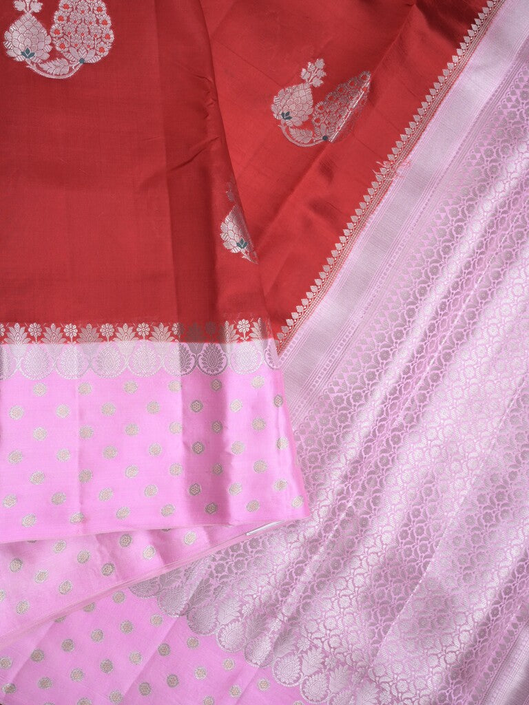 Chiniya pattu saree red color allover zari weaves & zari border with brocade pallu and attached contrast blouse