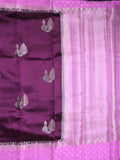 Chiniya pattu saree wine color allover zari weaves & zari border with brocade pallu and attached contrast blouse