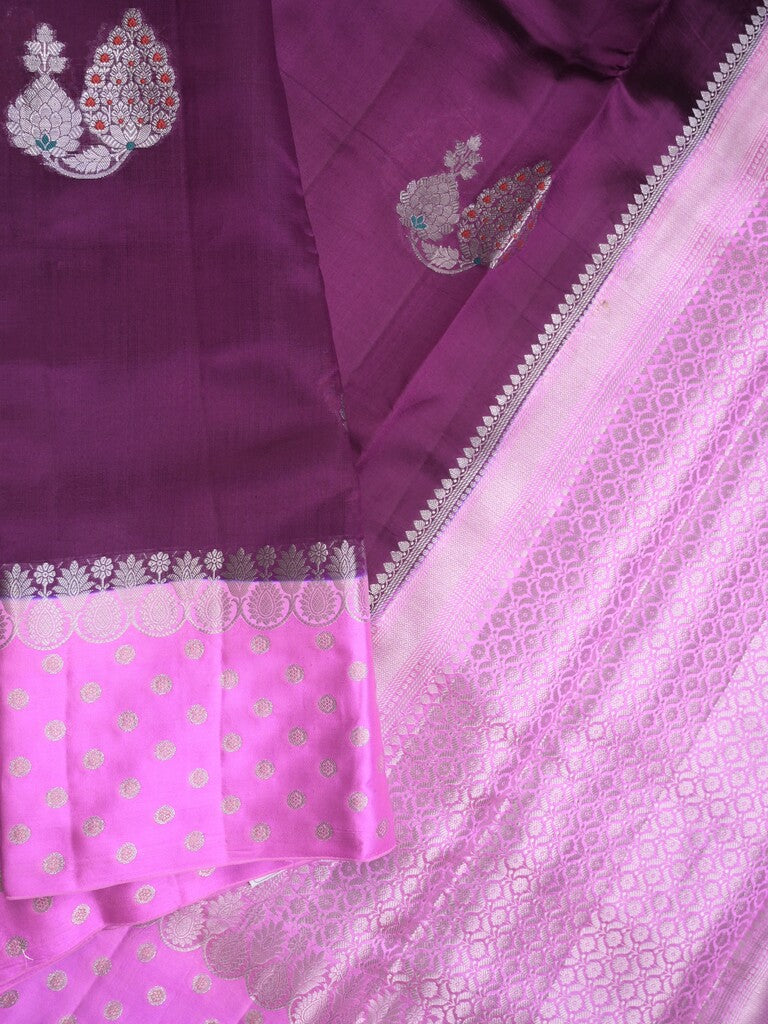 Chiniya pattu saree wine color allover zari weaves & zari border with brocade pallu and attached contrast blouse