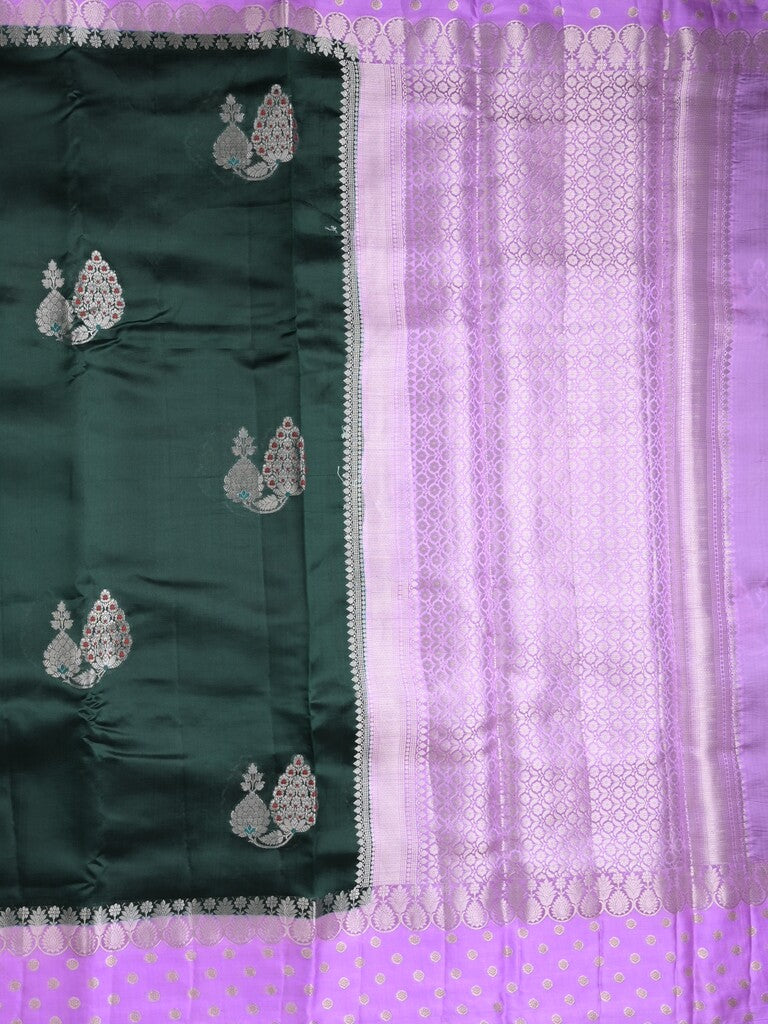 Chiniya pattu saree dark green color allover zari weaves & zari border with brocade pallu and attached contrast blouse