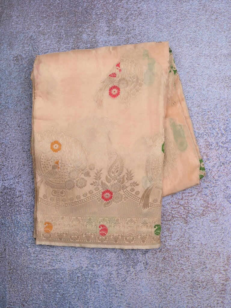 Tabby silk fancy saree beige color allover zari weaves & zari border with zari pallu and attached plain blouse