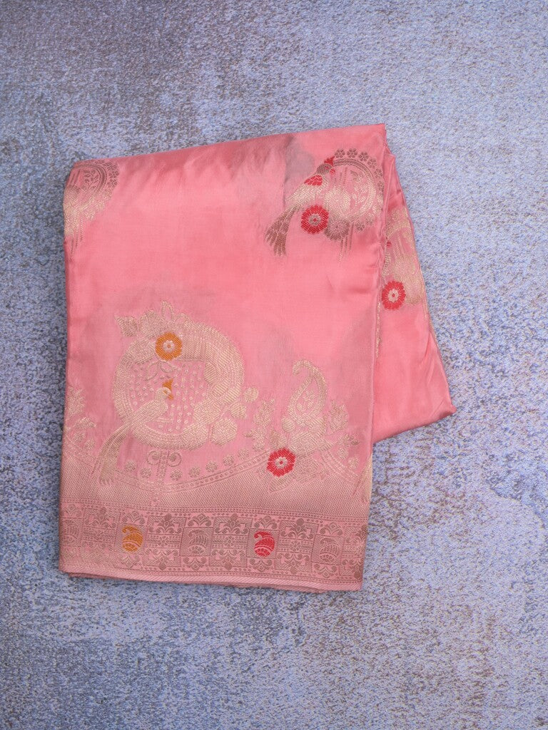 Tabby silk fancy saree light pink color allover zari weaves & zari border with zari pallu and attached plain blouse