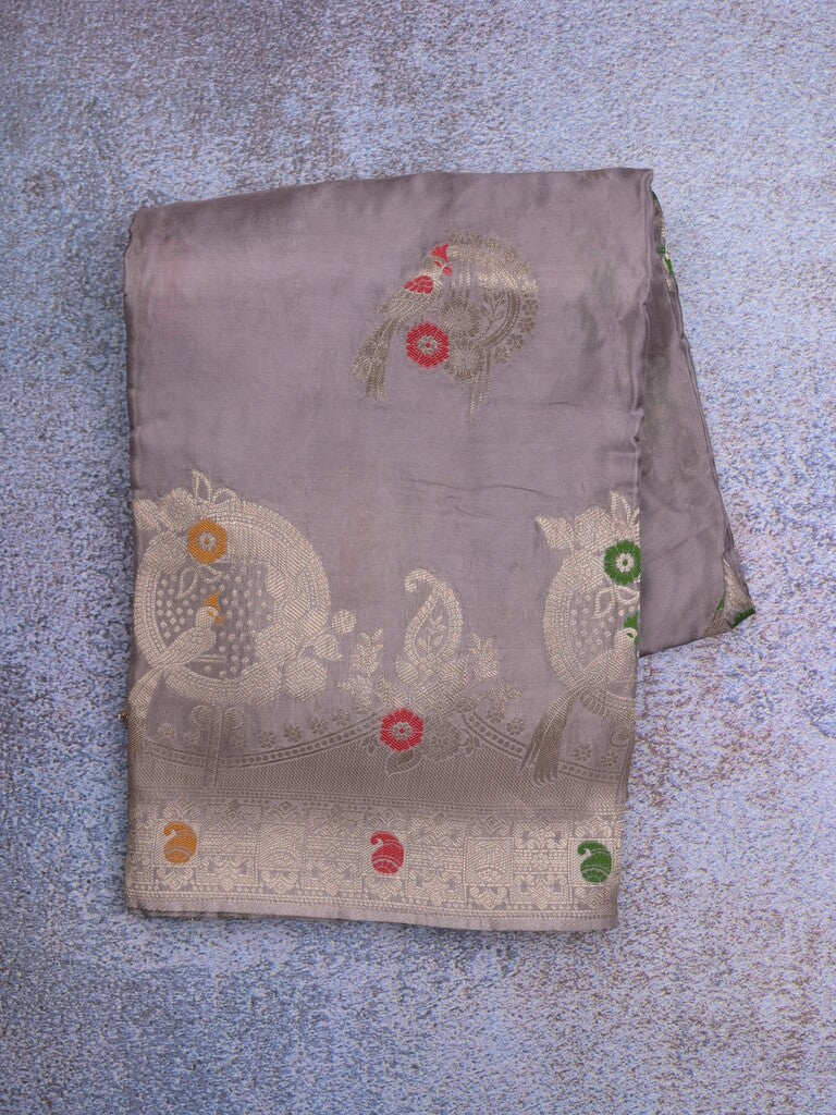 Tabby silk fancy saree grey color allover zari weaves & zari border with zari pallu and attached plain blouse