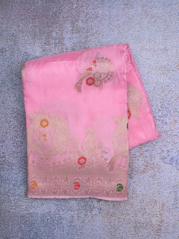 Tabby silk fancy saree baby pink color allover zari weaves & zari border with zari pallu and attached plain blouse