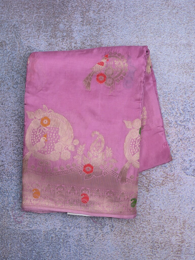 Tabby silk fancy saree purple color allover zari weaves & zari border with zari pallu and attached plain blouse