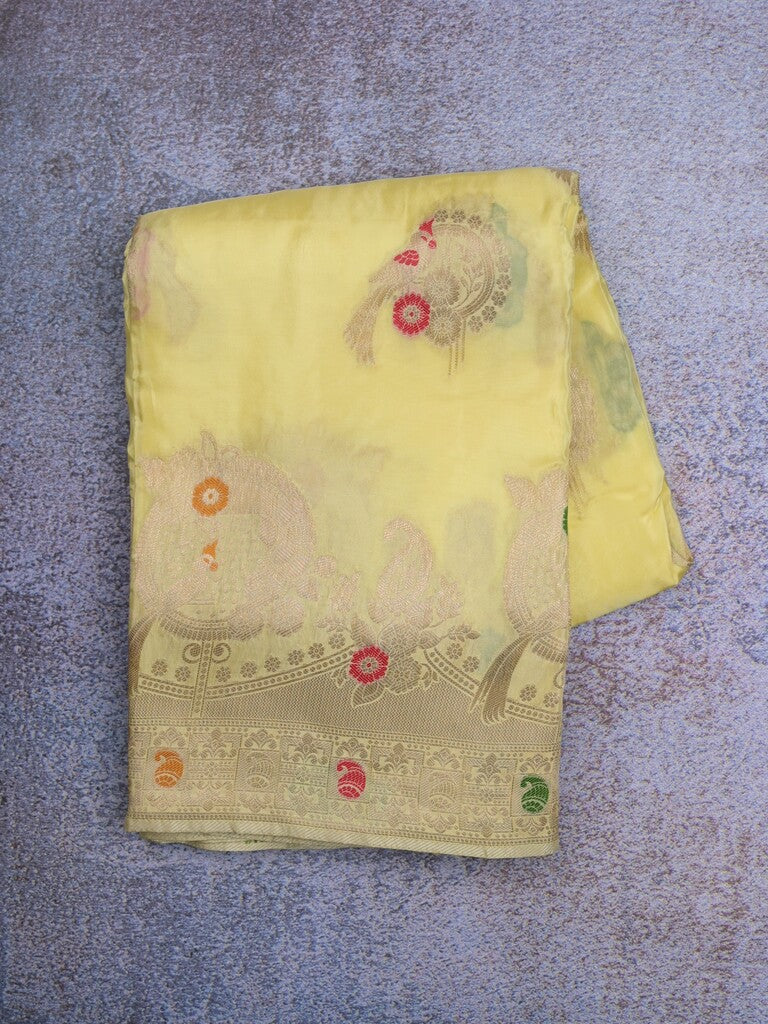 Tabby silk fancy saree light yellow color allover zari weaves & zari border with zari pallu and attached plain blouse