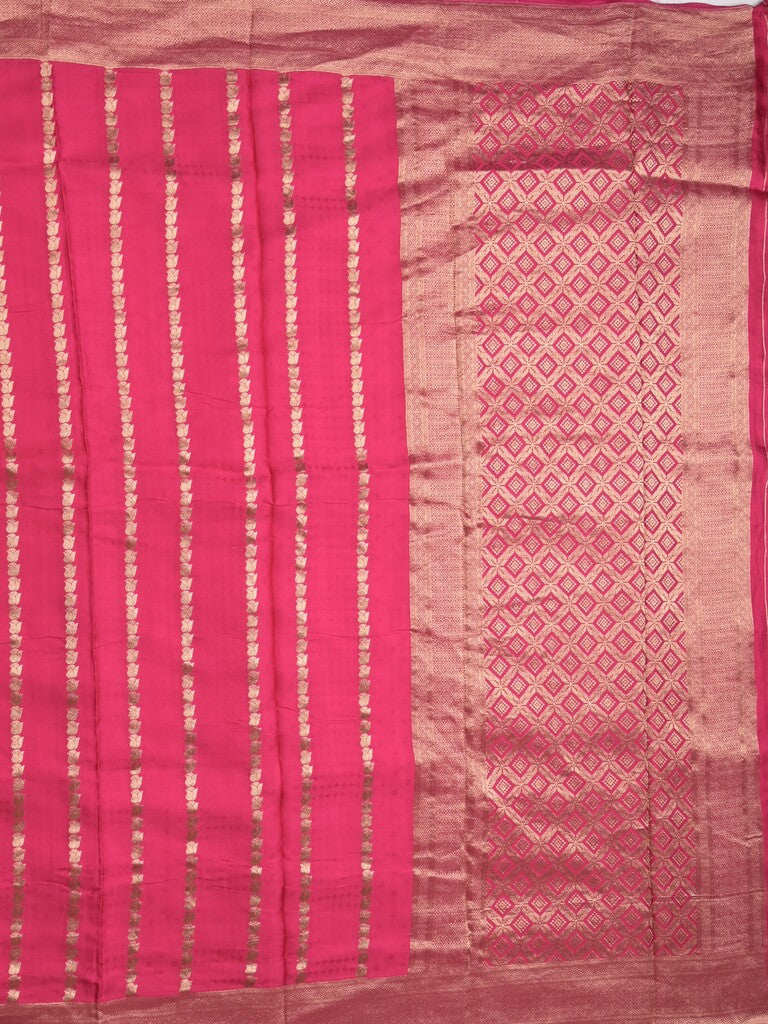 Crape fancy saree rose pink color allover zari weaves & zari border with zari pallu and plain blouse