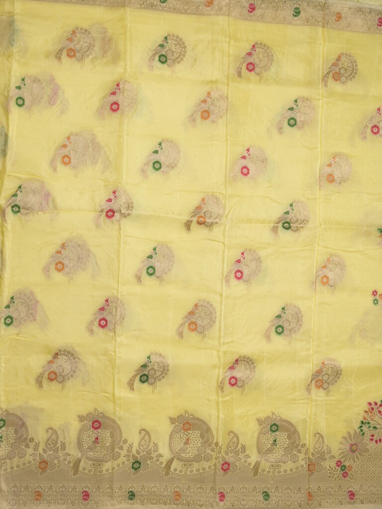 Tabby silk fancy saree light yellow color allover zari weaves & zari border with zari pallu and attached plain blouse