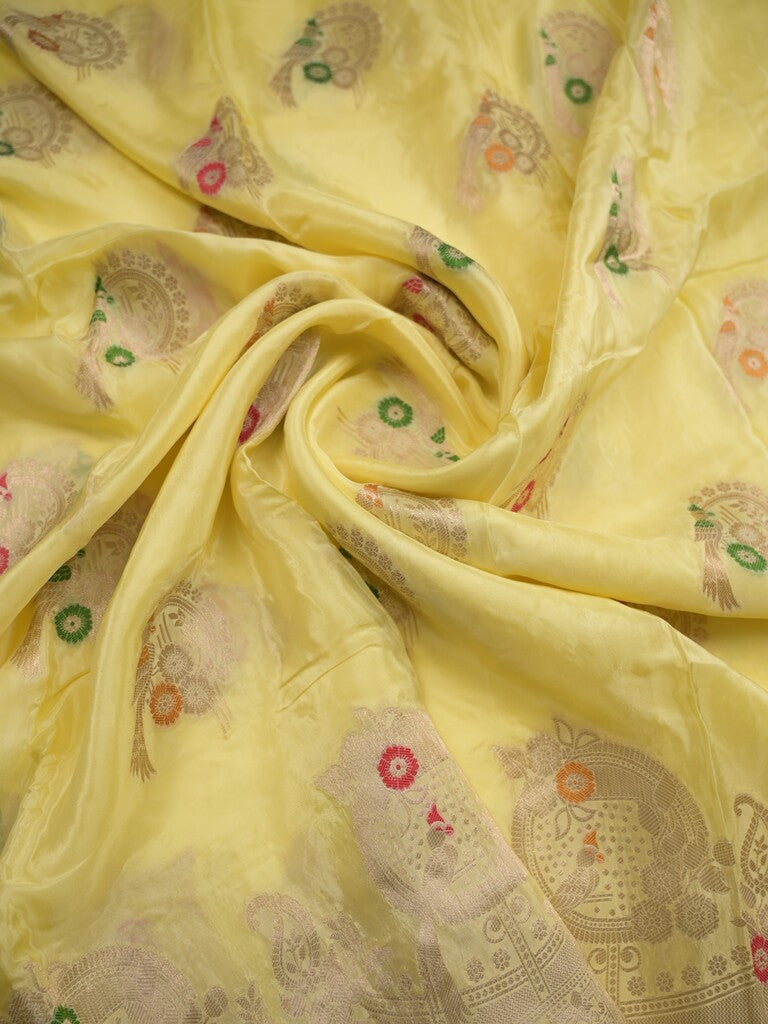 Tabby silk fancy saree light yellow color allover zari weaves & zari border with zari pallu and attached plain blouse