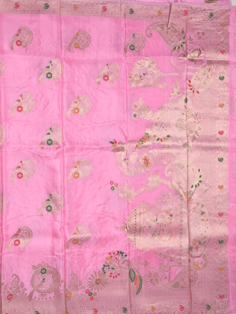 Tabby silk fancy saree baby pink color allover zari weaves & zari border with zari pallu and attached plain blouse