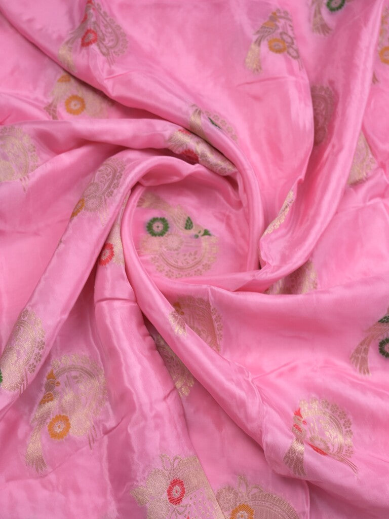 Tabby silk fancy saree baby pink color allover zari weaves & zari border with zari pallu and attached plain blouse