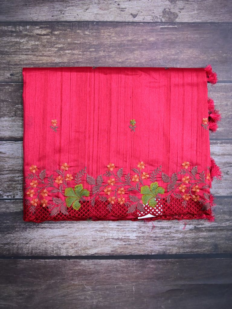 Soft tussar jute fancy saree cherry pink color allover embroidery butis & cut work embroidery border with running pallu and contrast plain blouse