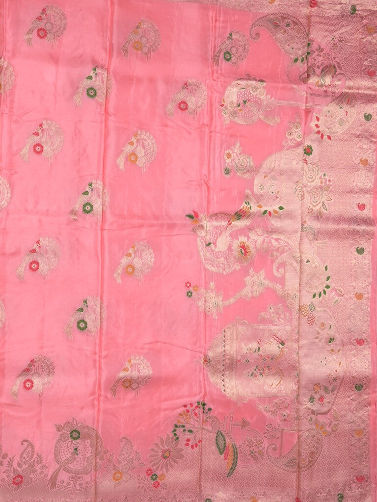 Tabby silk fancy saree light pink color allover zari weaves & zari border with zari pallu and attached plain blouse