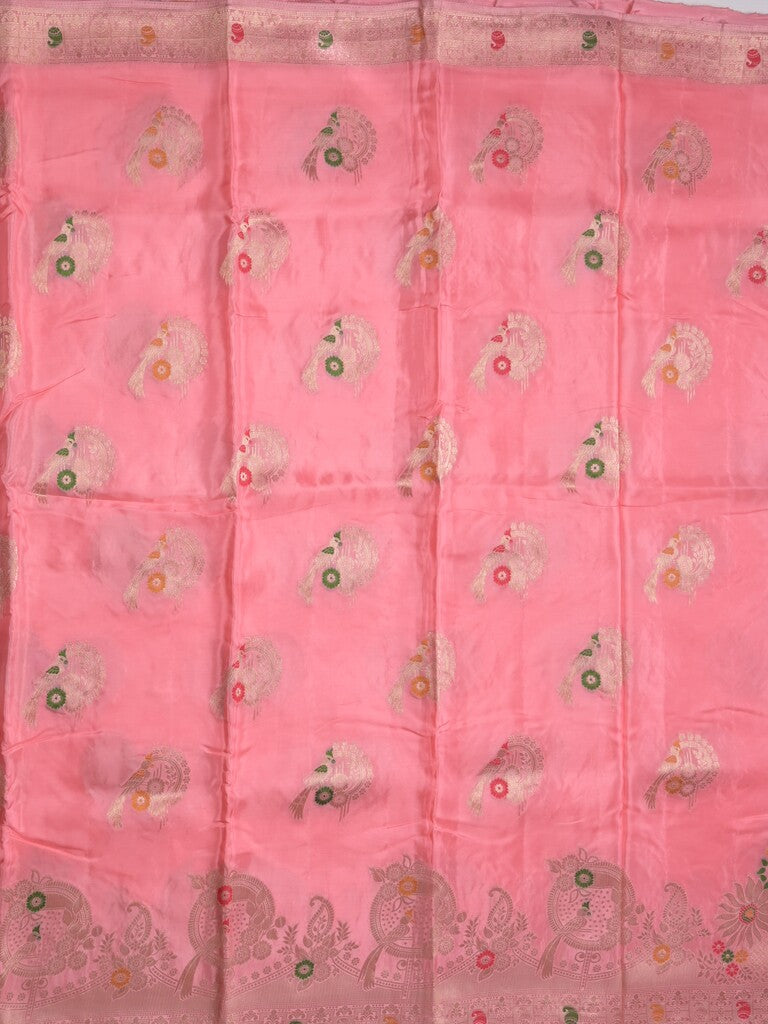 Tabby silk fancy saree light pink color allover zari weaves & zari border with zari pallu and attached plain blouse