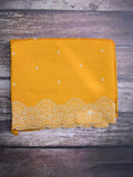 Soft tussar kora fancy saree mustard yellow color allover embroidery butis & cutwork embroidery with running pallu and plain blouse