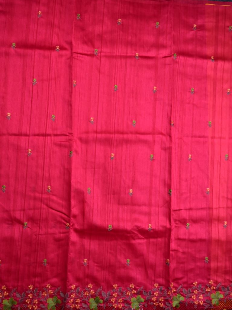 Soft tussar jute fancy saree cherry pink color allover embroidery butis & cut work embroidery border with running pallu and contrast plain blouse