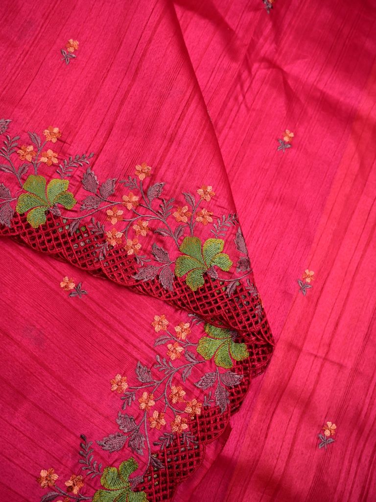 Soft tussar jute fancy saree cherry pink color allover embroidery butis & cut work embroidery border with running pallu and contrast plain blouse