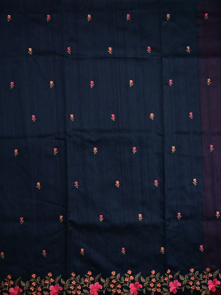 Soft tussar jute fancy saree black color allover embroidery butis & cut work embroidery border with running pallu and contrast plain blouse