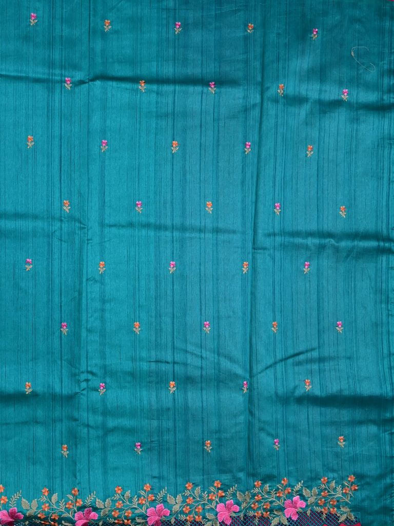 Soft tussar jute fancy saree sky blue color allover embroidery butis & cut work embroidery border with running pallu and contrast plain blouse