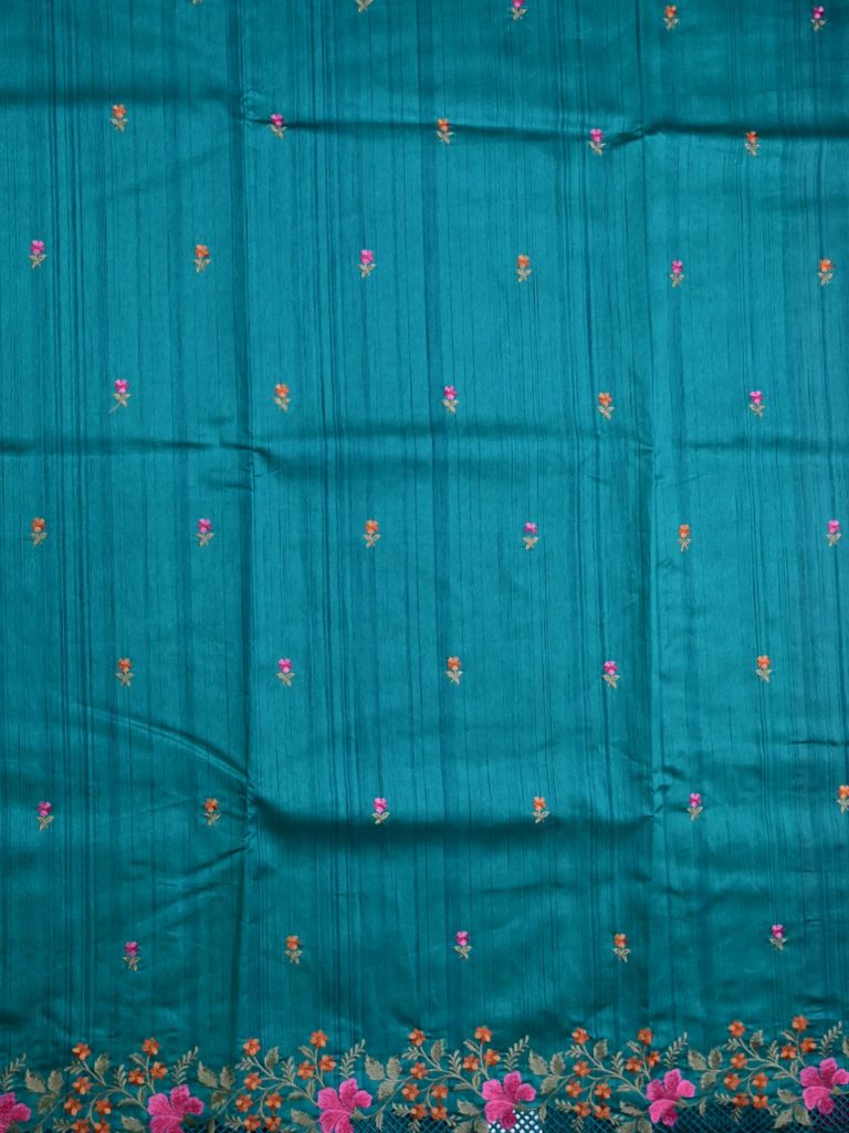 Soft tussar jute fancy saree sky blue color allover embroidery butis & cut work embroidery border with running pallu and contrast plain blouse