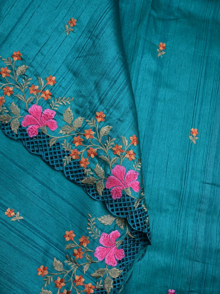 Soft tussar jute fancy saree sky blue color allover embroidery butis & cut work embroidery border with running pallu and contrast plain blouse