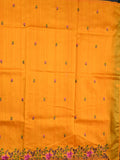 Soft tussar jute fancy saree mustard yellow color allover embroidery butis & cut work embroidery border with running pallu and contrast plain blouse