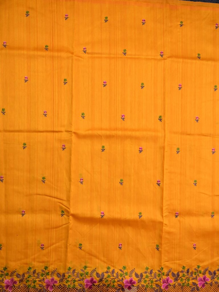 Soft tussar jute fancy saree mustard yellow color allover embroidery butis & cut work embroidery border with running pallu and contrast plain blouse