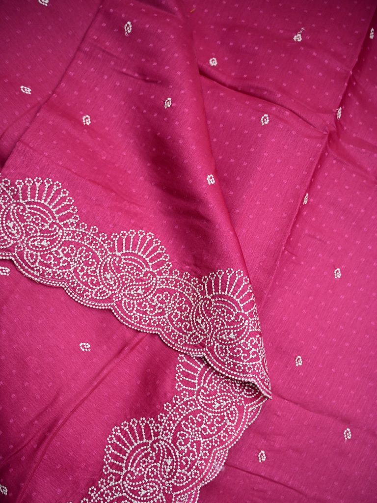 Soft tussar kora fancy saree dark onion pink color allover embroidery butis & cutwork embroidery with running pallu and plain blouse