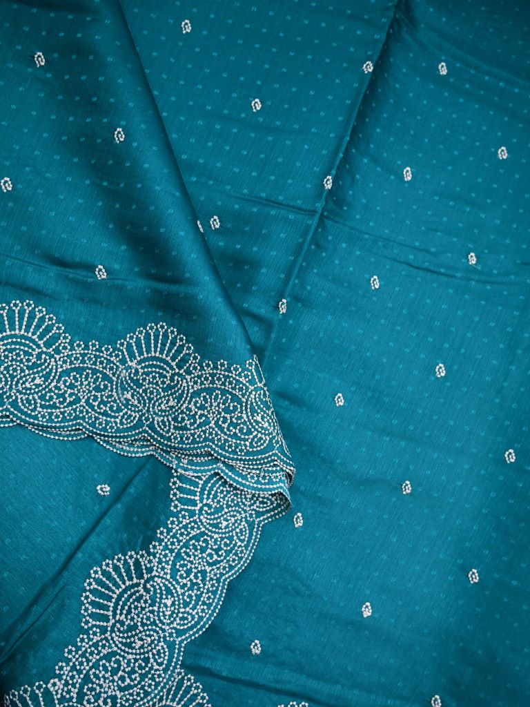 Soft tussar kora fancy saree rama blue color allover embroidery butis & cutwork embroidery with running pallu and plain blouse