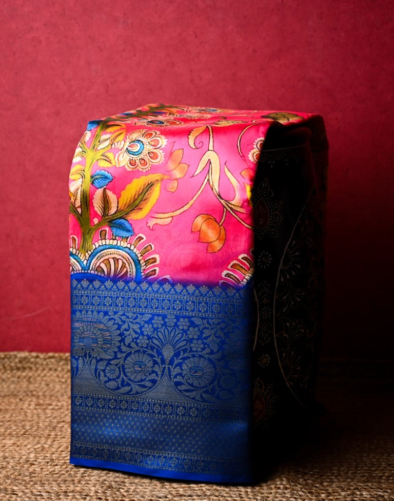 Chiniya silk saree red and blue color with allover digital kalamkari prints, short pallu, big zari border and printed blouse.