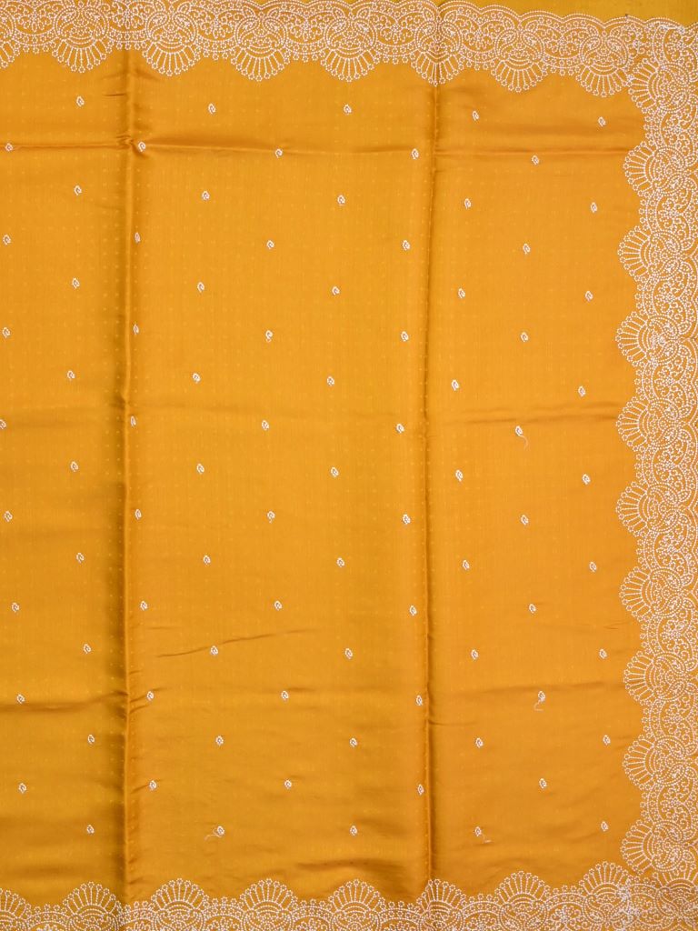 Soft tussar kora fancy saree mustard yellow color allover embroidery butis & cutwork embroidery with running pallu and plain blouse