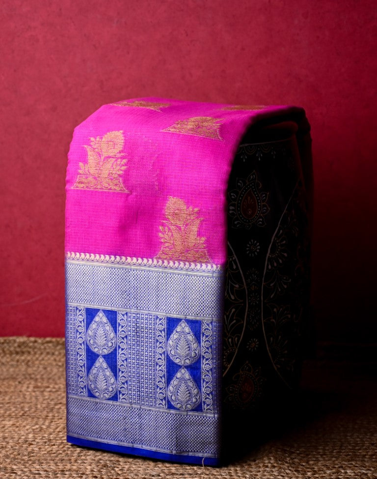 Silk kota saree dark pink and blue color with gold zari motives, big zari border, short pallu and brocade blouse