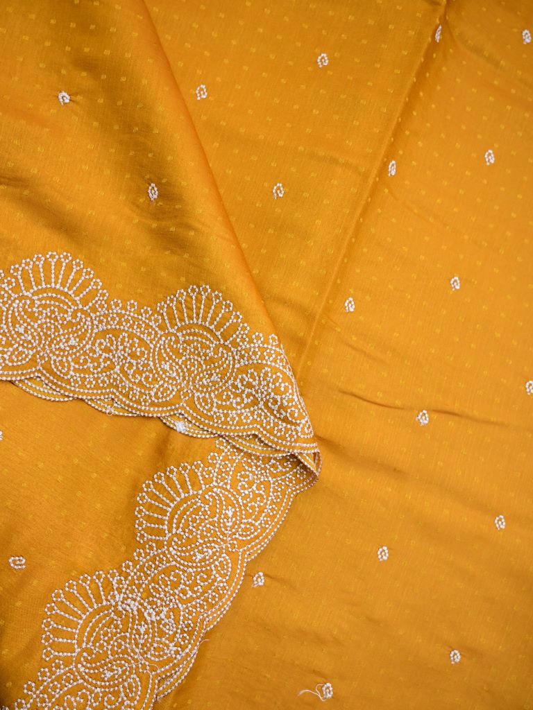 Soft tussar kora fancy saree mustard yellow color allover embroidery butis & cutwork embroidery with running pallu and plain blouse