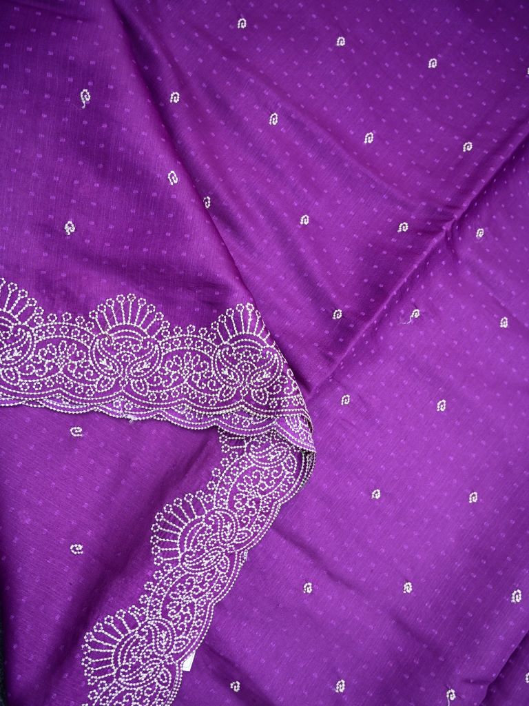 Soft tussar kora fancy saree purple color allover embroidery butis & cutwork embroidery with running pallu and plain blouse