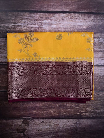 Dupion fancy saree mustard yellow color allover zari weaves & zari border with rich pallu contrast brocade blouse