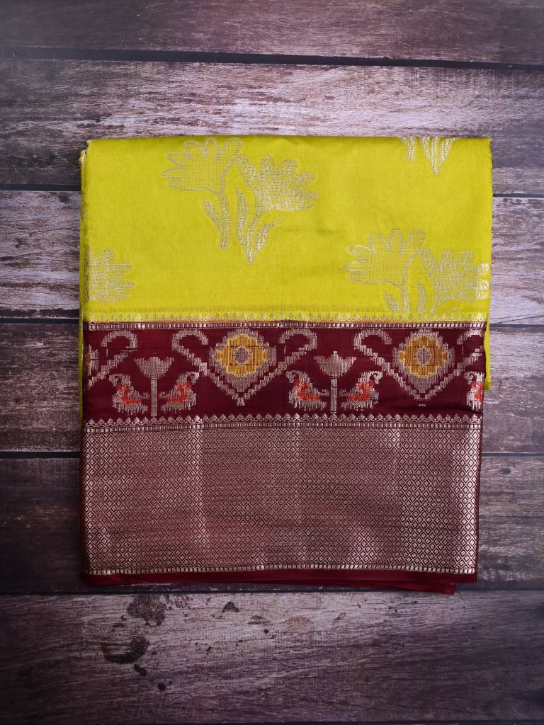 Dupion fancy saree mustard yellow color allover zari weaves & zari border with rich pallu contrast brocade blouse