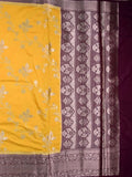 Dupion fancy saree mustard yellow color allover zari weaves & zari border with rich pallu contrast brocade blouse