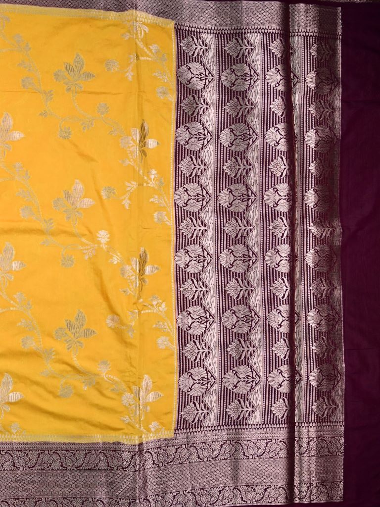 Dupion fancy saree mustard yellow color allover zari weaves & zari border with rich pallu contrast brocade blouse