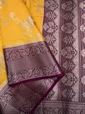 Dupion fancy saree mustard yellow color allover zari weaves & zari border with rich pallu contrast brocade blouse